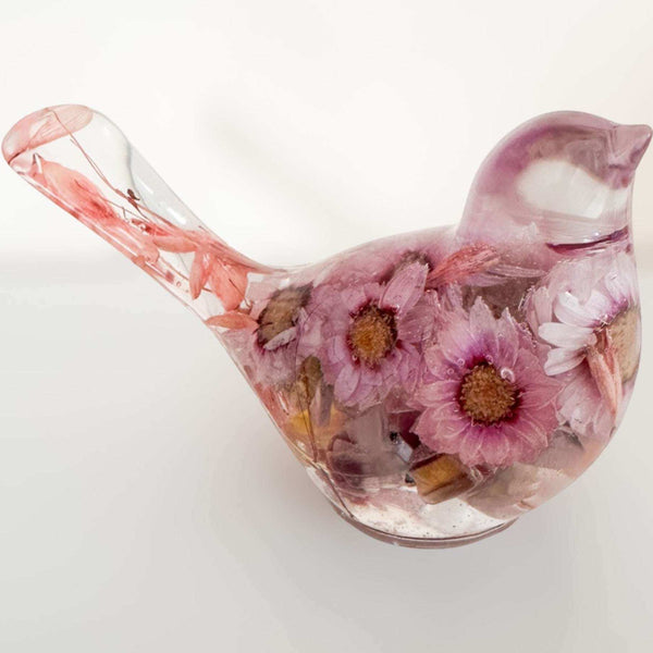 Pink Blossom botanical resin bird with real flowers and fluorite stones