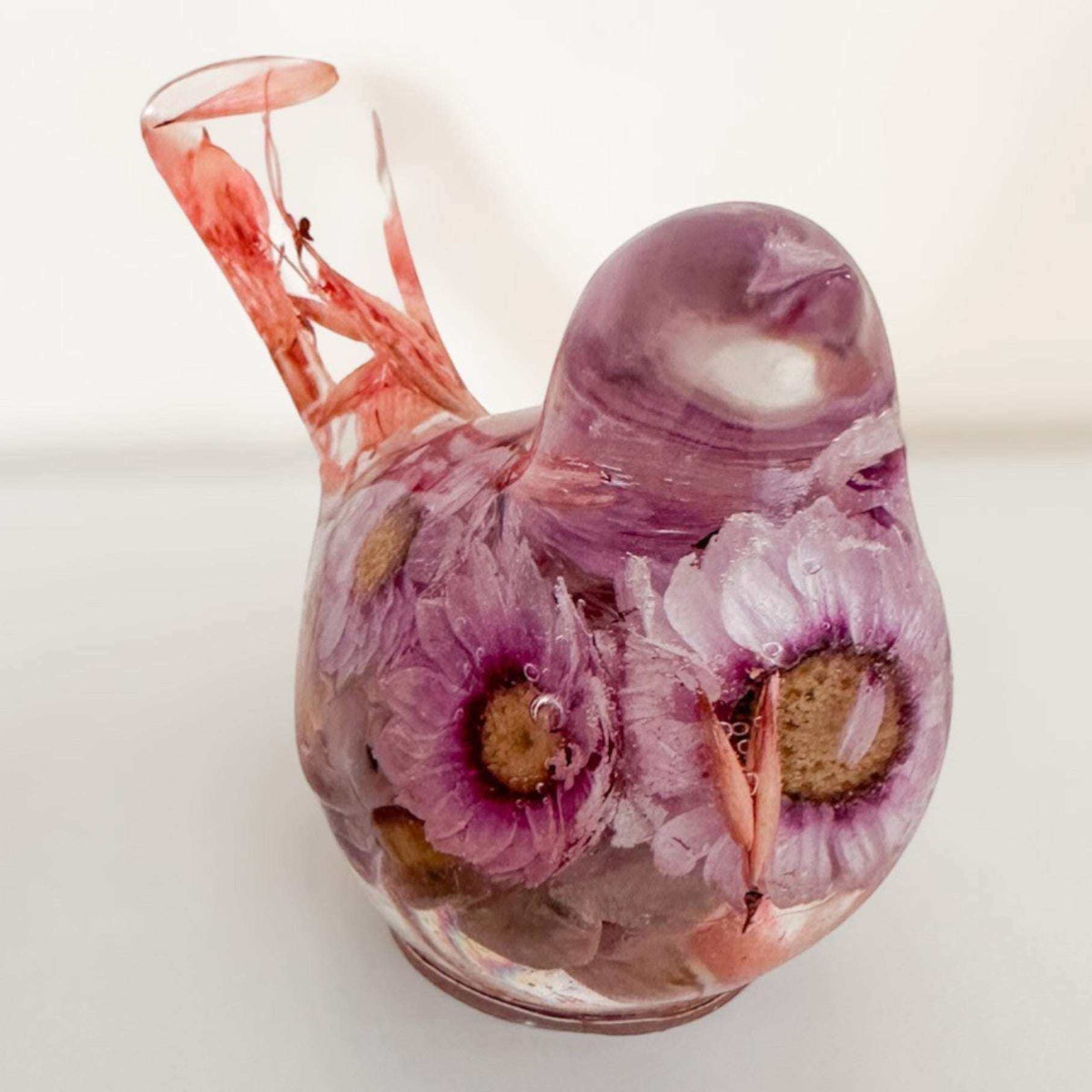 Pink Blossom botanical resin bird with real flowers and fluorite stones