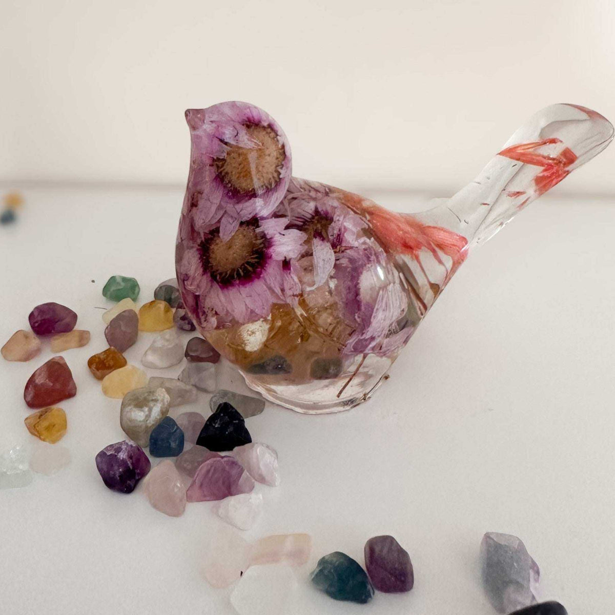 Pink Blossom botanical resin bird with real flowers and fluorite stones