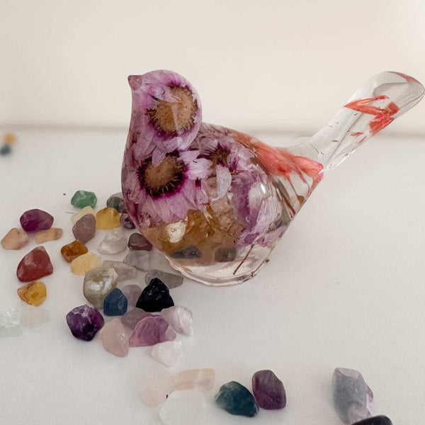 Pink Blossom botanical resin bird with real flowers and fluorite stones