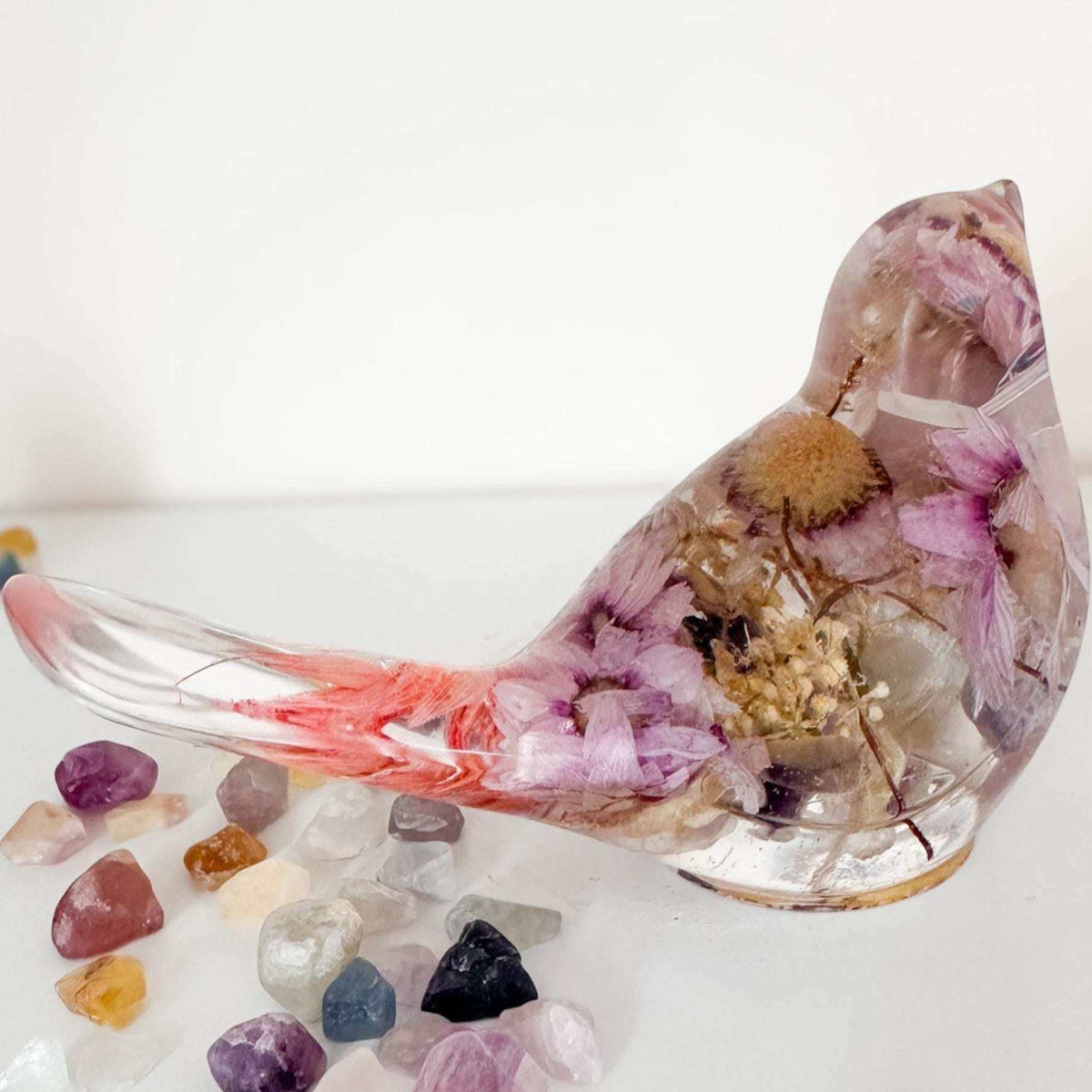 Pink Blossom botanical resin bird with real flowers and fluorite stones