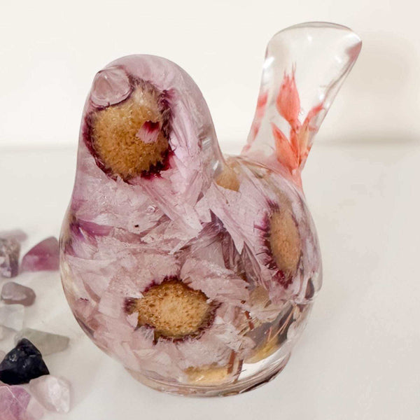 Pink Blossom botanical resin bird with real flowers and fluorite stones