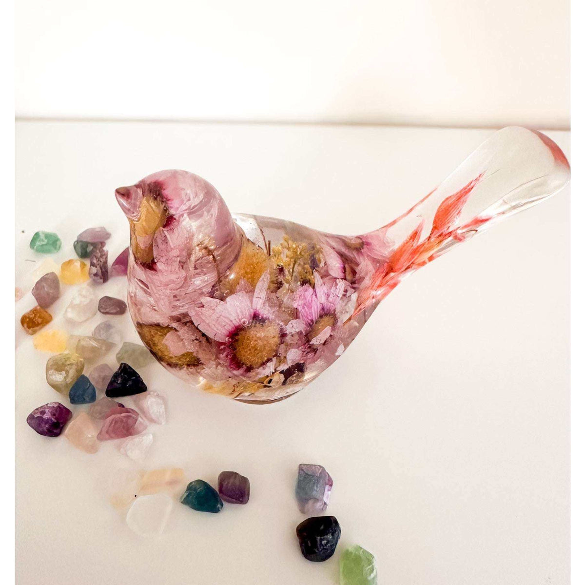 Pink Blossom botanical resin bird with real flowers and fluorite stones