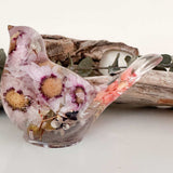 Pink Blossom botanical resin bird with real flowers and fluorite stones