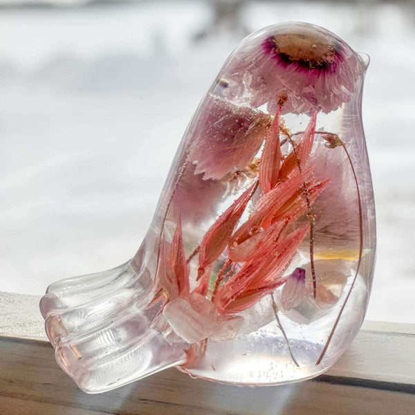 Spring Song Handmade Resin Bird with Pink Flowers & Fluorite Gemstones