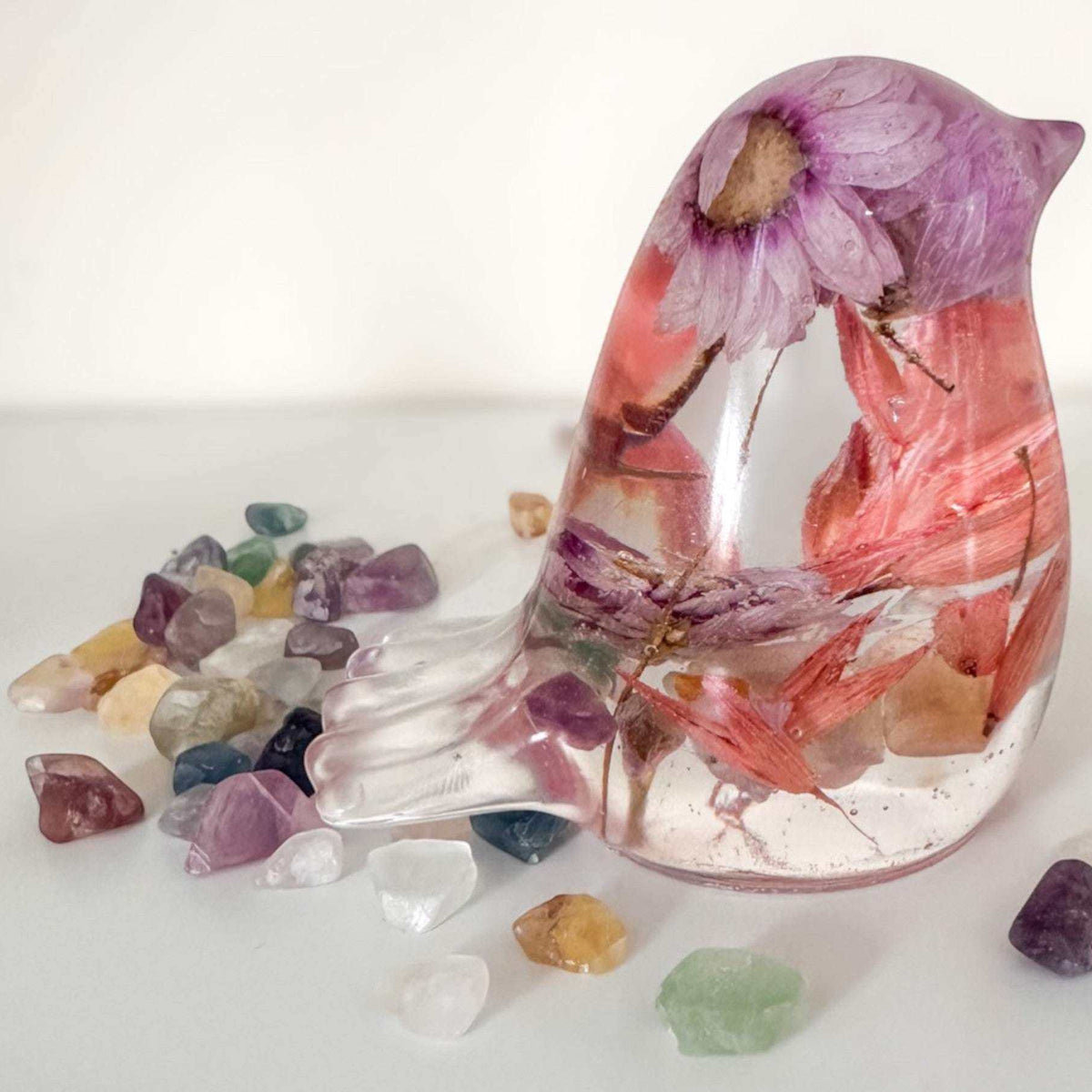Spring Song Handmade Resin Bird with Pink Flowers & Fluorite Gemstones