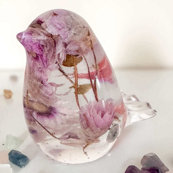 Spring Song Handmade Resin Bird with Pink Flowers & Fluorite Gemstones