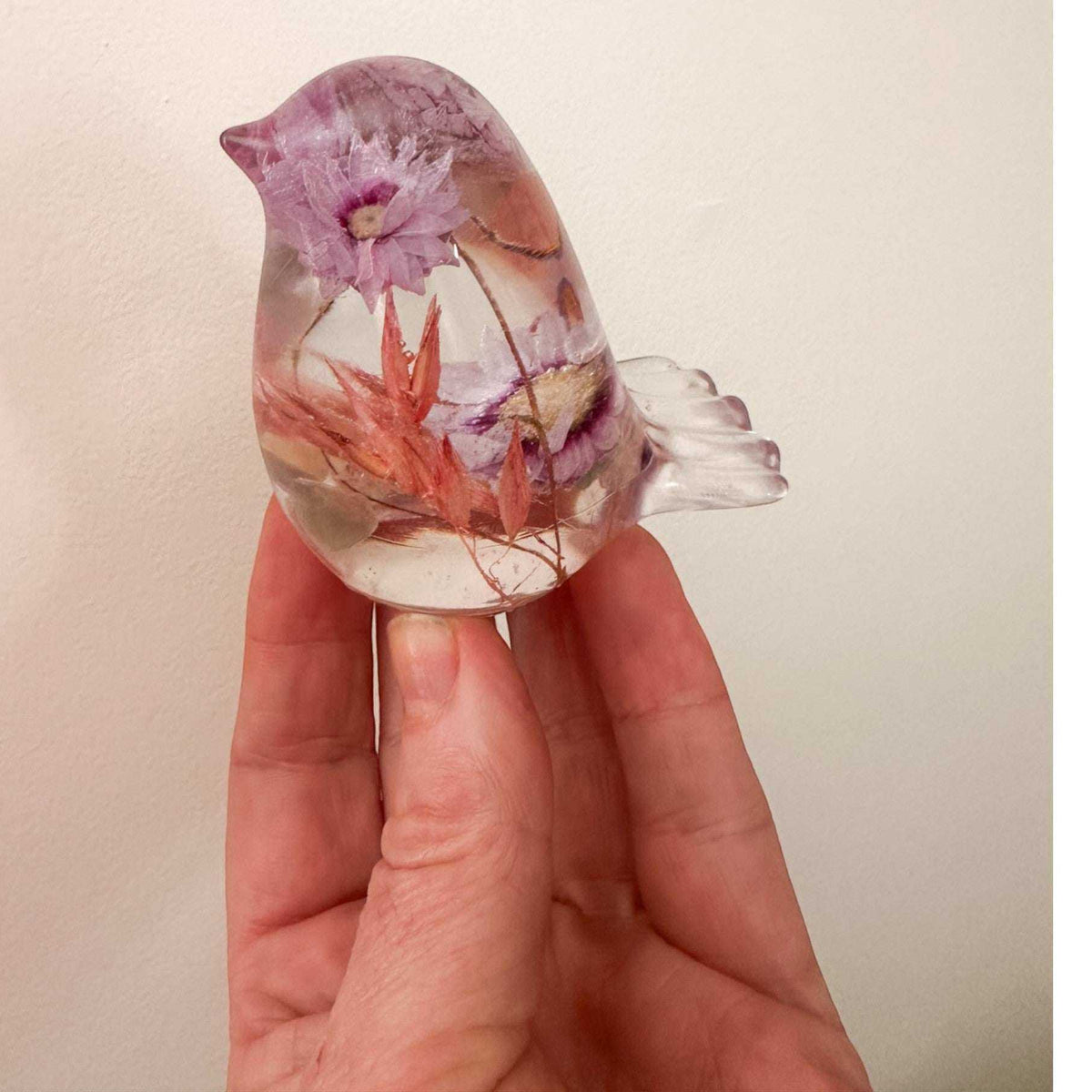 Spring Song Handmade Resin Bird with Pink Flowers & Fluorite Gemstones