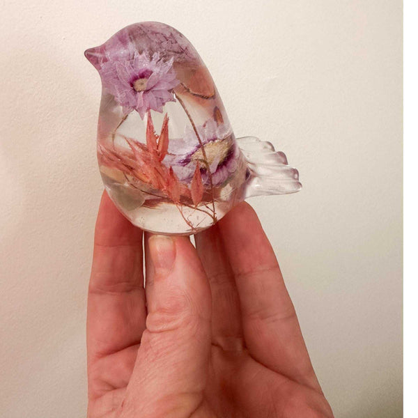 Spring Song Handmade Resin Bird with Pink Flowers & Fluorite Gemstones