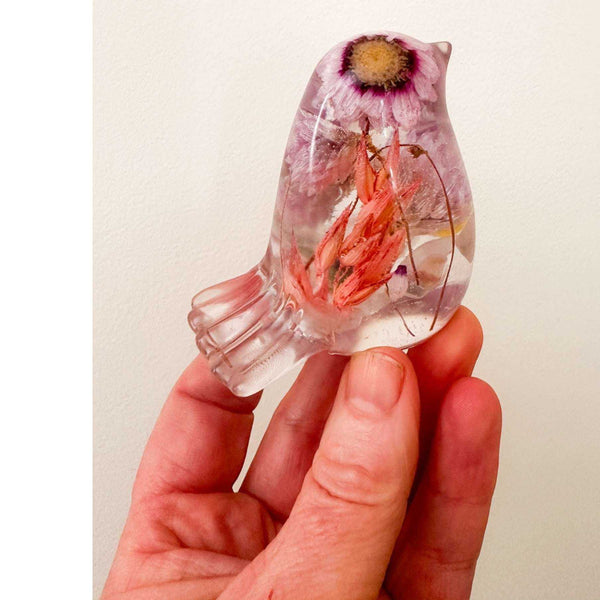 Spring Song Handmade Resin Bird with Pink Flowers & Fluorite Gemstones