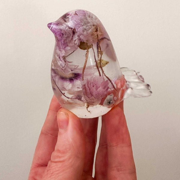 Spring Song Handmade Resin Bird with Pink Flowers & Fluorite Gemstones