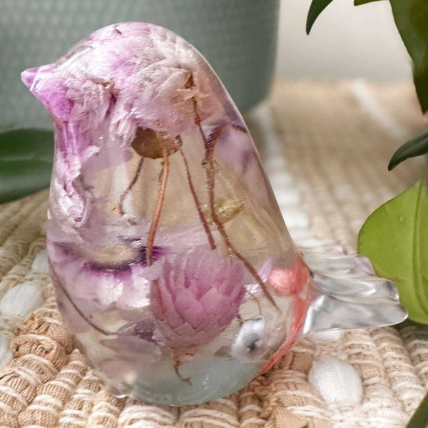 Spring Song Handmade Resin Bird with Pink Flowers & Fluorite Gemstones