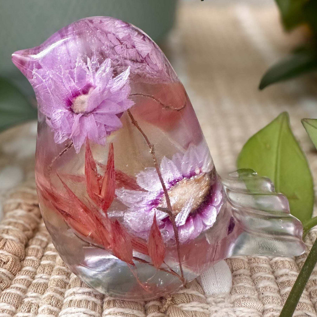 Spring Song Handmade Resin Bird with Pink Flowers & Fluorite Gemstones
