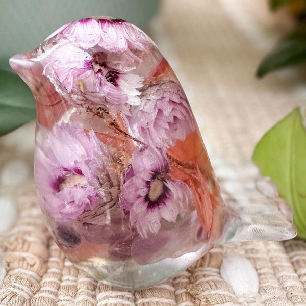 Spring Song Handmade Resin Bird with Pink Flowers & Fluorite Gemstones