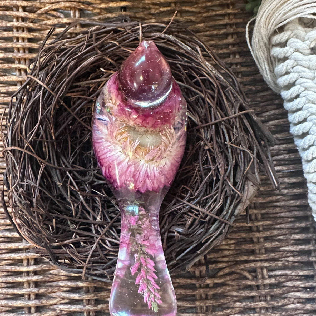Enchanted Strawflower Handmade Resin Bird with Fluorite Gemstones
