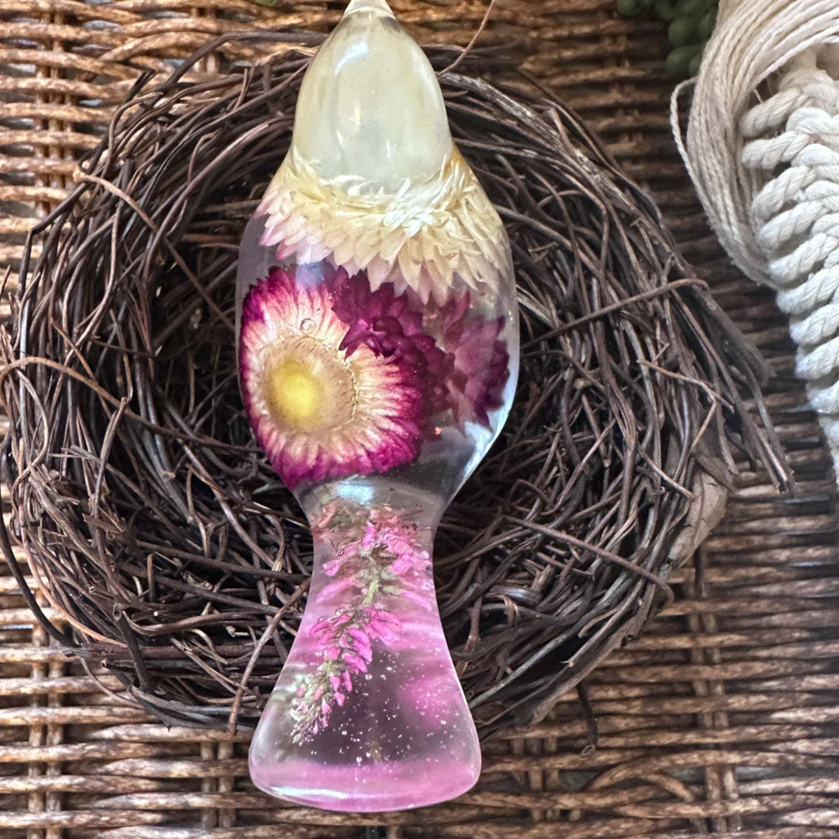 Enchanted Strawflower Handmade Resin Bird with Fluorite Gemstones