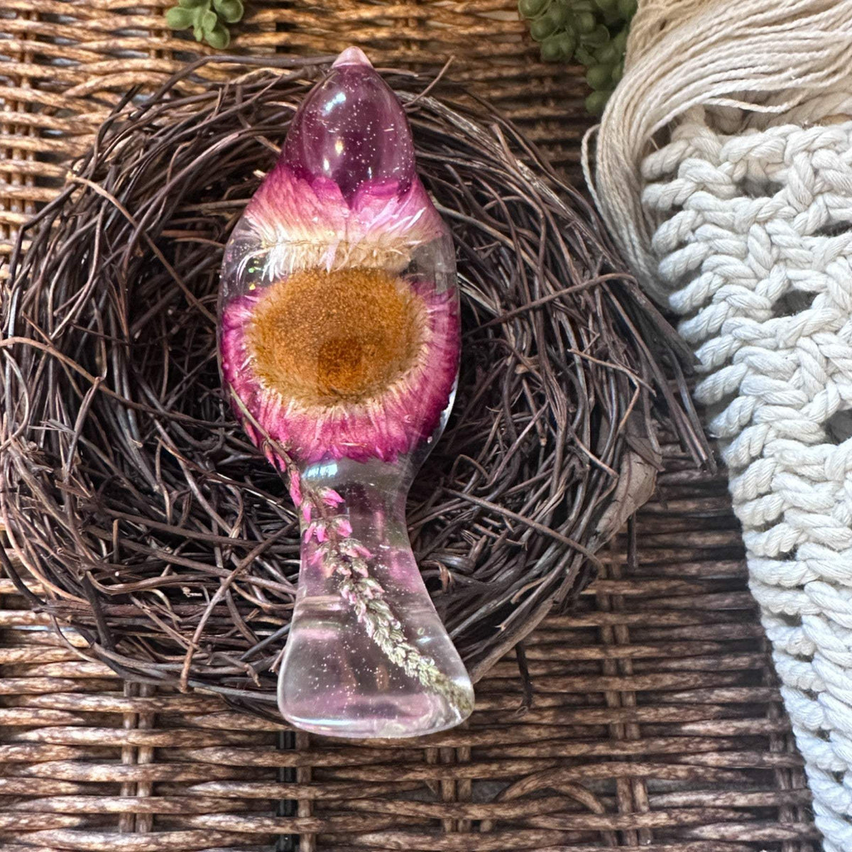 Enchanted Strawflower Handmade Resin Bird with Fluorite Gemstones