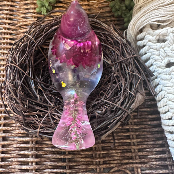 Enchanted Strawflower Handmade Resin Bird with Fluorite Gemstones