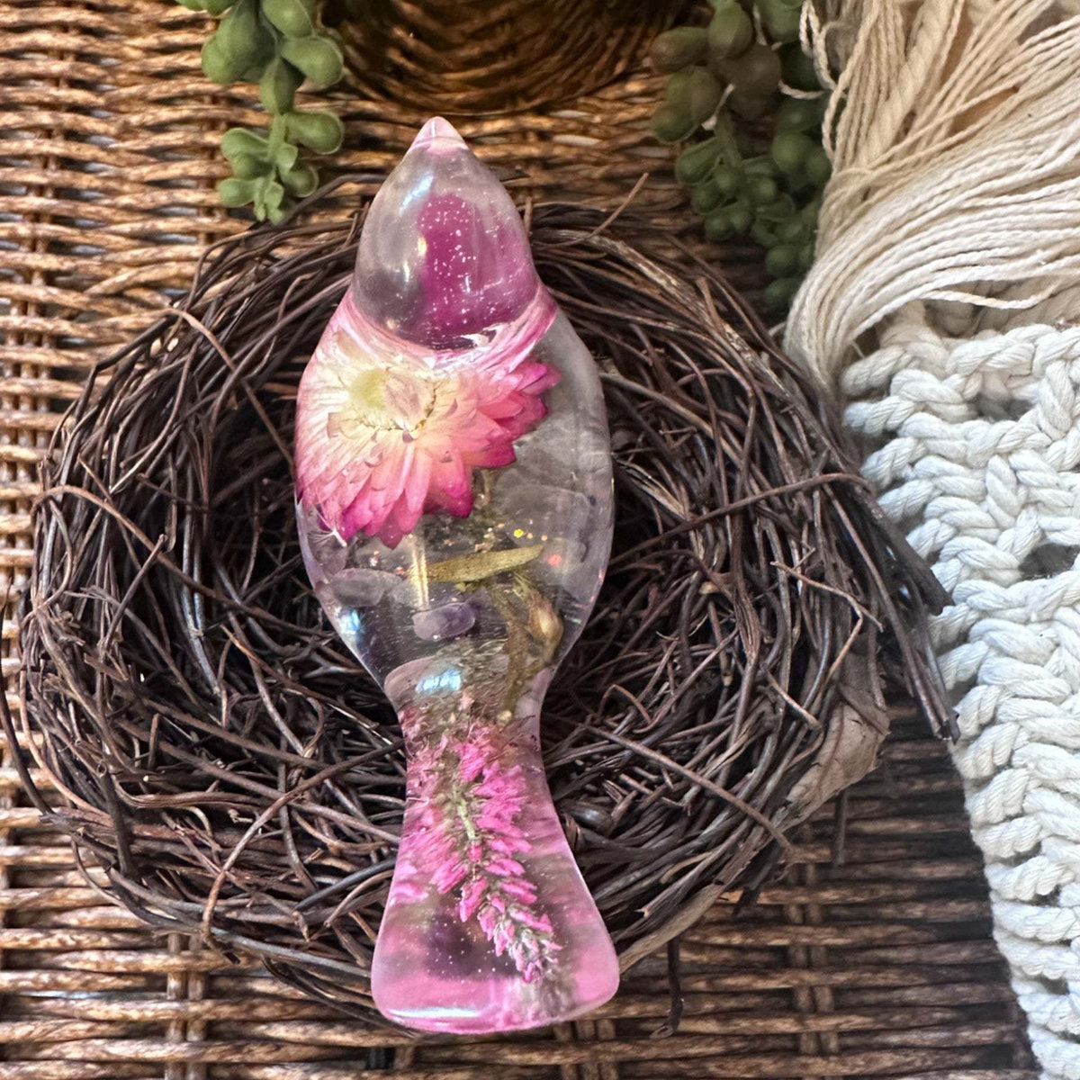 Enchanted Strawflower Handmade Resin Bird with Fluorite Gemstones