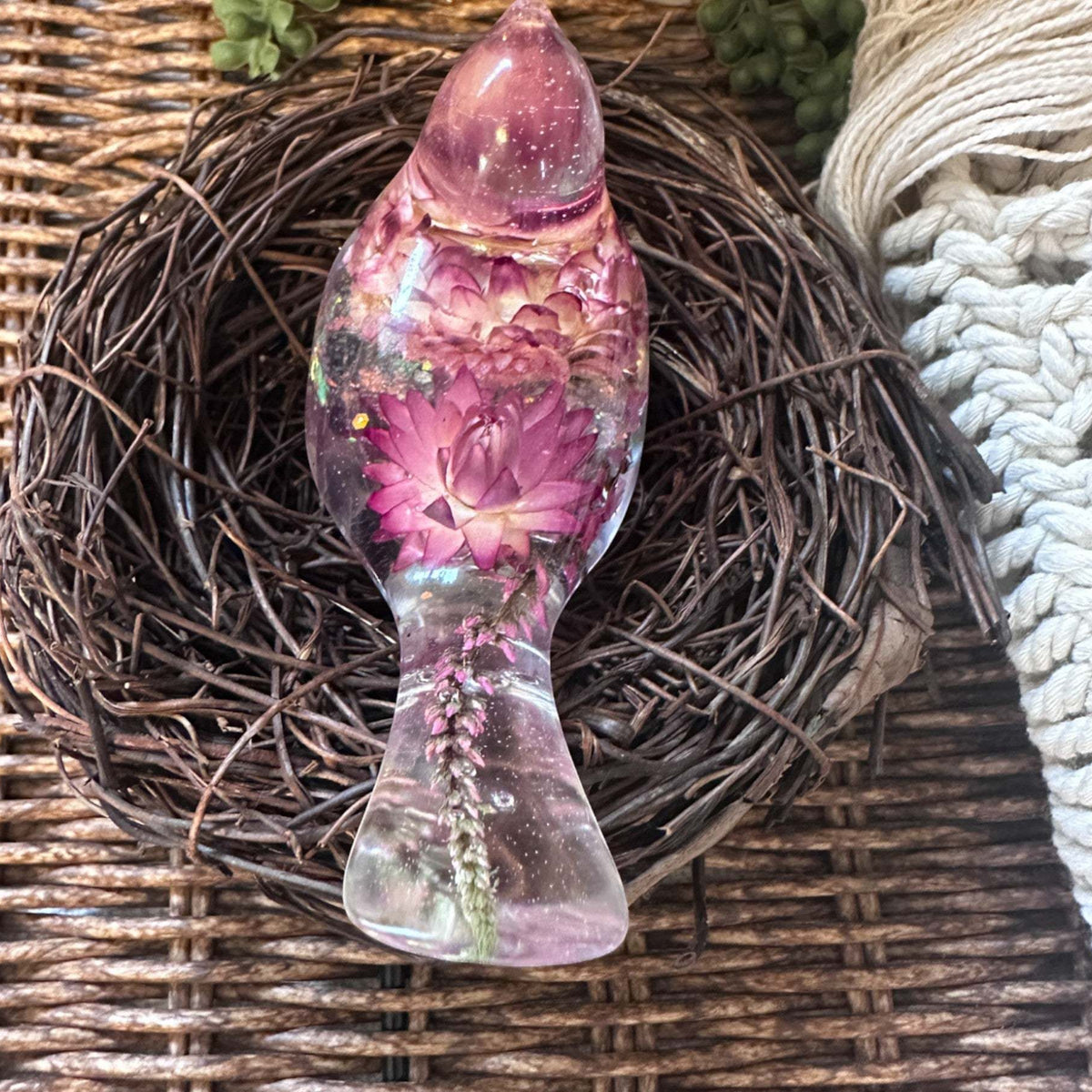 Enchanted Strawflower Handmade Resin Bird with Fluorite Gemstones
