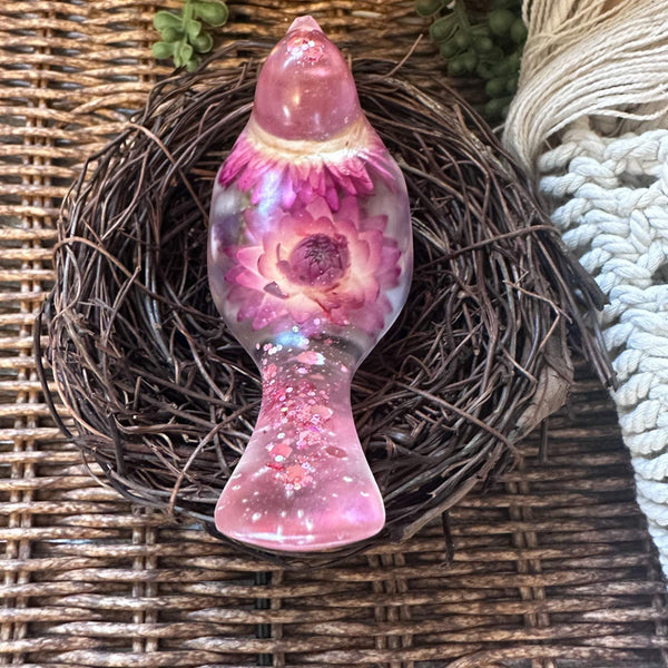 Enchanted Strawflower Handmade Resin Bird with Fluorite Gemstones