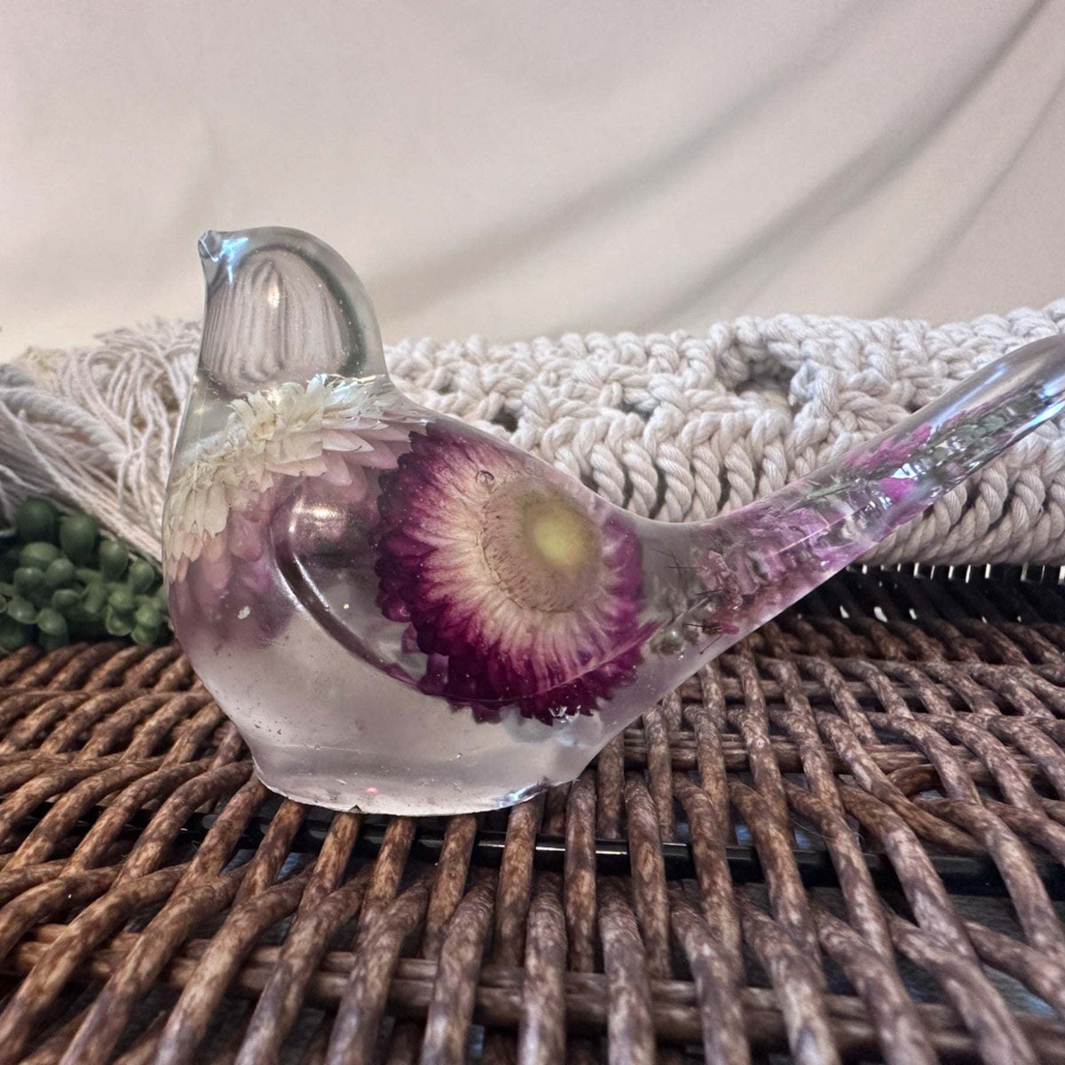 Enchanted Strawflower Handmade Resin Bird with Fluorite Gemstones