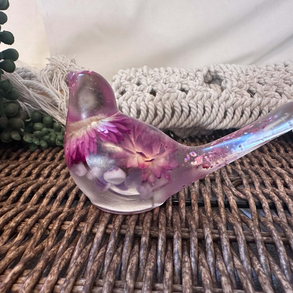 Enchanted Strawflower Handmade Resin Bird with Fluorite Gemstones