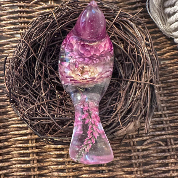 Enchanted Strawflower Handmade Resin Bird with Fluorite Gemstones