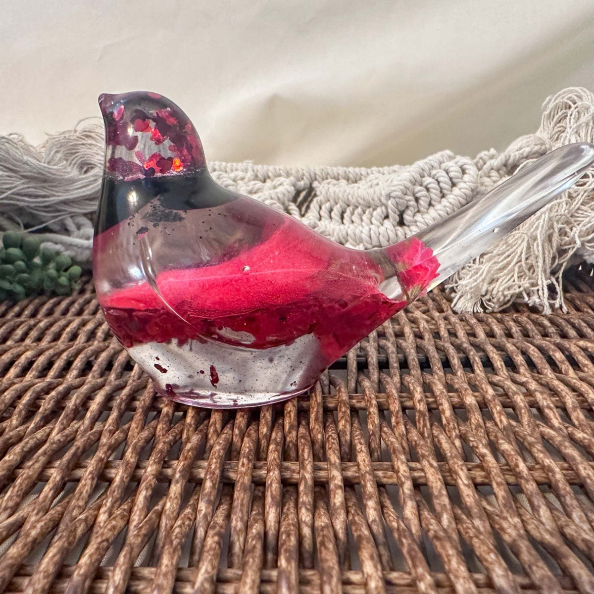 Cardinal Heartsong Pair – Handmade Resin Birds with Flowers & Glitter