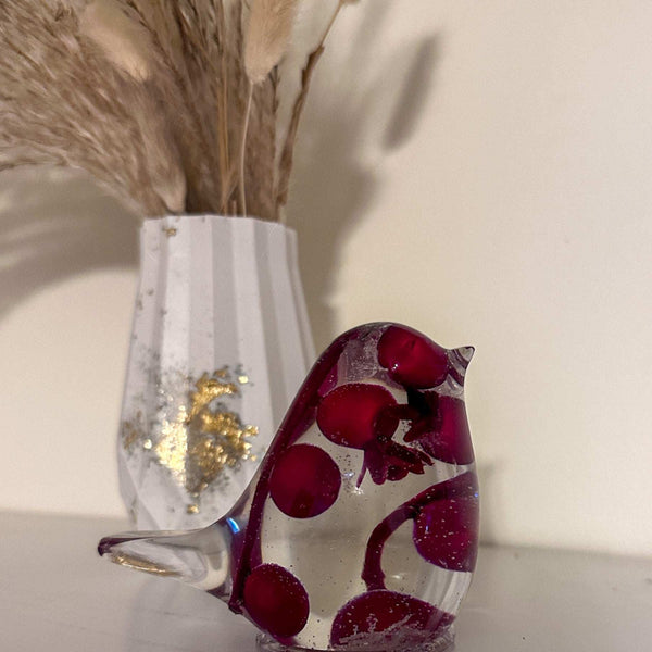 Crimson Berry Songbird - Handmade Red Berry Cardinal Resin Bird