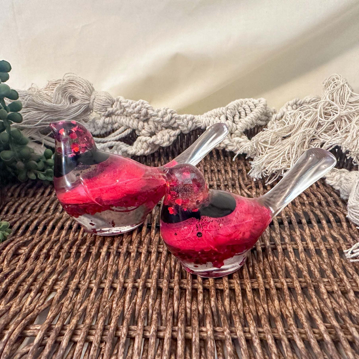 Cardinal Heartsong Pair – Handmade Resin Birds with Flowers & Glitter