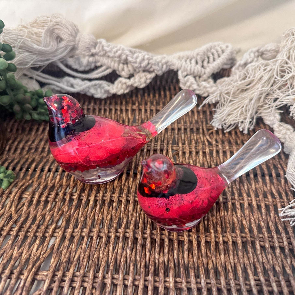 Cardinal Heartsong Pair – Handmade Resin Birds with Flowers & Glitter