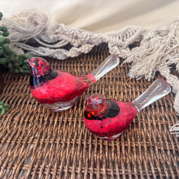 Cardinal Heartsong Pair – Handmade Resin Birds with Flowers & Glitter