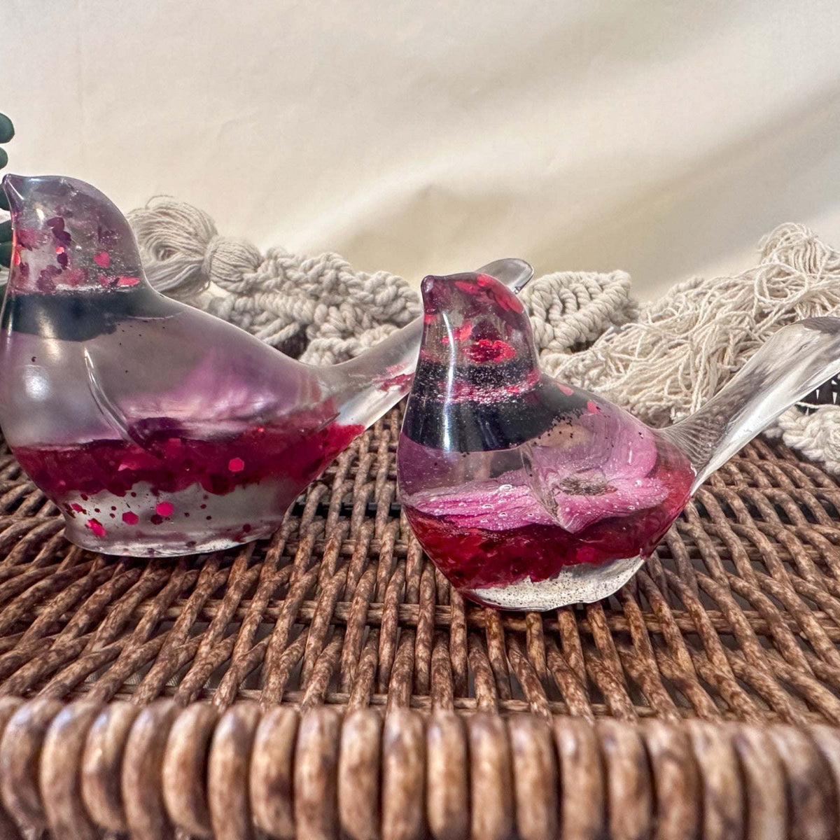 Rose Crimson Cardinal Pair – Resin Birds with Red Roses & Glitter