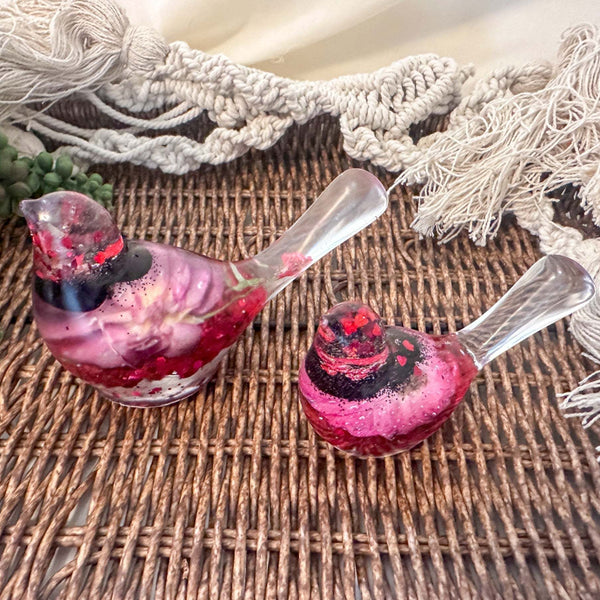 Rose Crimson Cardinal Pair – Resin Birds with Red Roses & Glitter