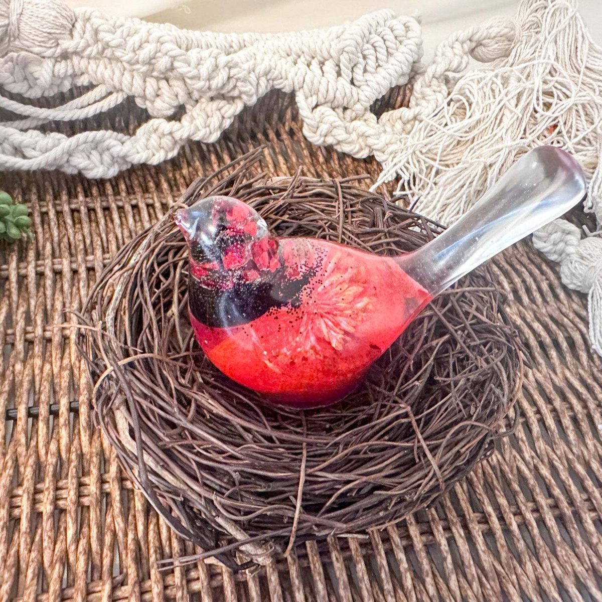 Handmade Crimson Melody  Songbird – Resin Art Bird with Real Flowers