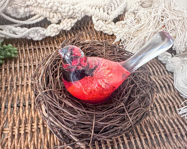 Handmade Crimson Melody  Songbird – Resin Art Bird with Real Flowers