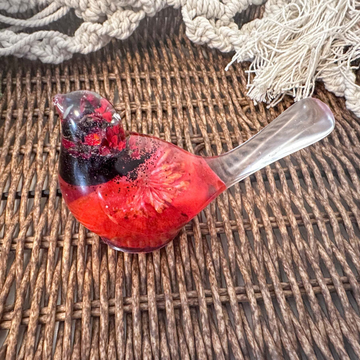 Handmade Crimson Melody  Songbird – Resin Art Bird with Real Flowers