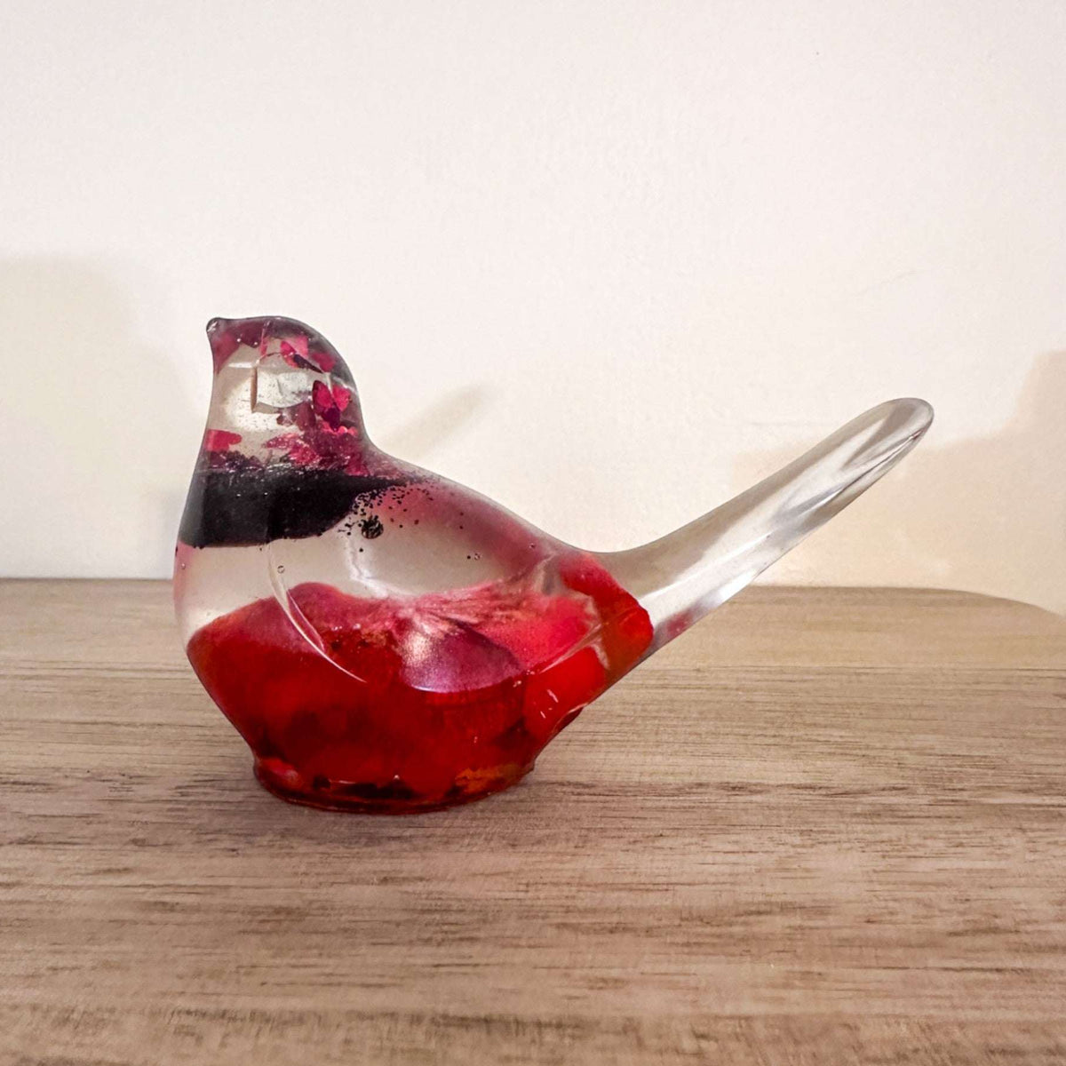 Handmade Crimson Melody  Songbird – Resin Art Bird with Real Flowers
