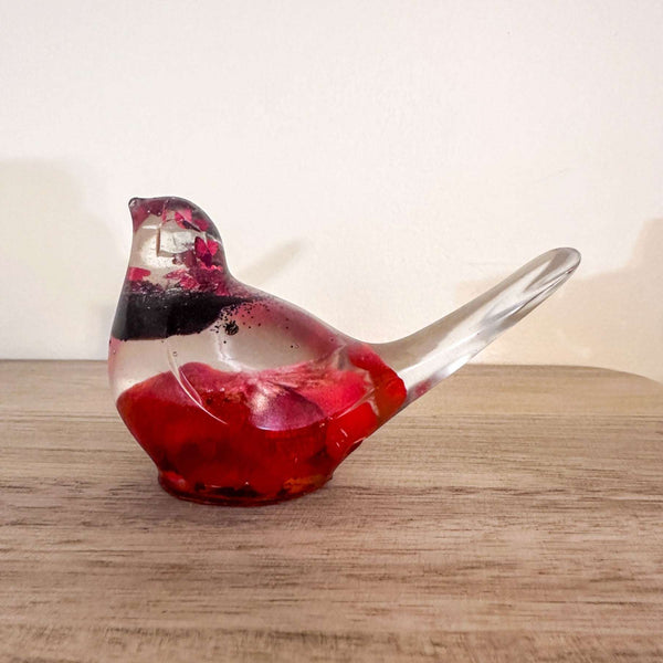 Handmade Crimson Melody  Songbird – Resin Art Bird with Real Flowers
