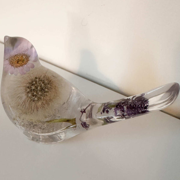 Handcrafted Purple Petal Dandelion Resin Bird with preserved fairy wishes