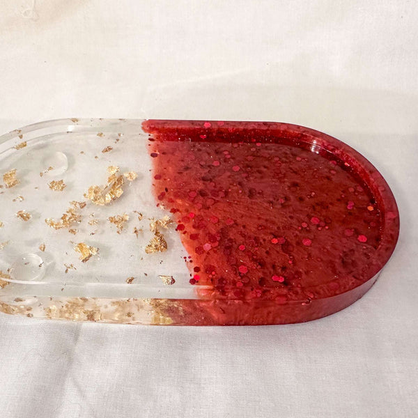 Tray - Handmade Resin Tray  - Gold, Silver, Red Accents