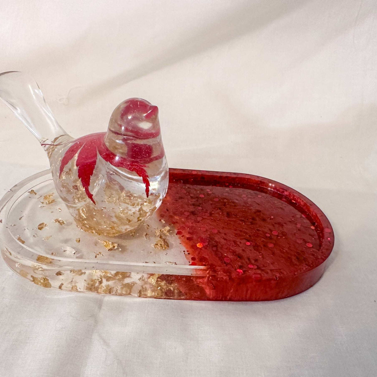 Golden Maple Bird & Tray Set – Resin Art with Real Leaf & Glitter