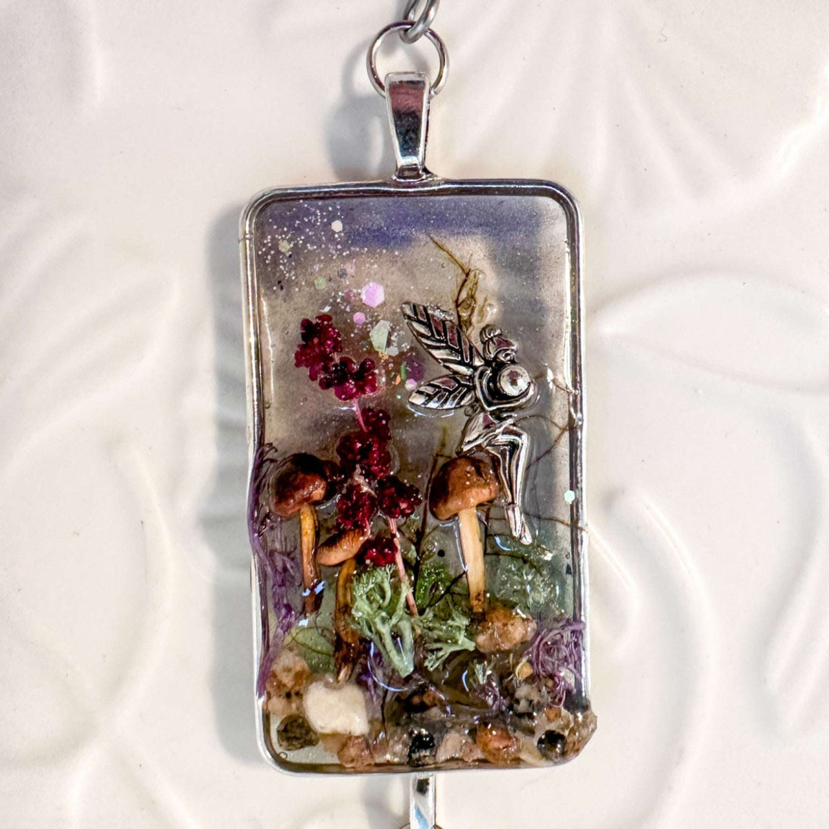 Silver Fairy Forest Suncatcher Handmade with Real Botanicals & Crystals