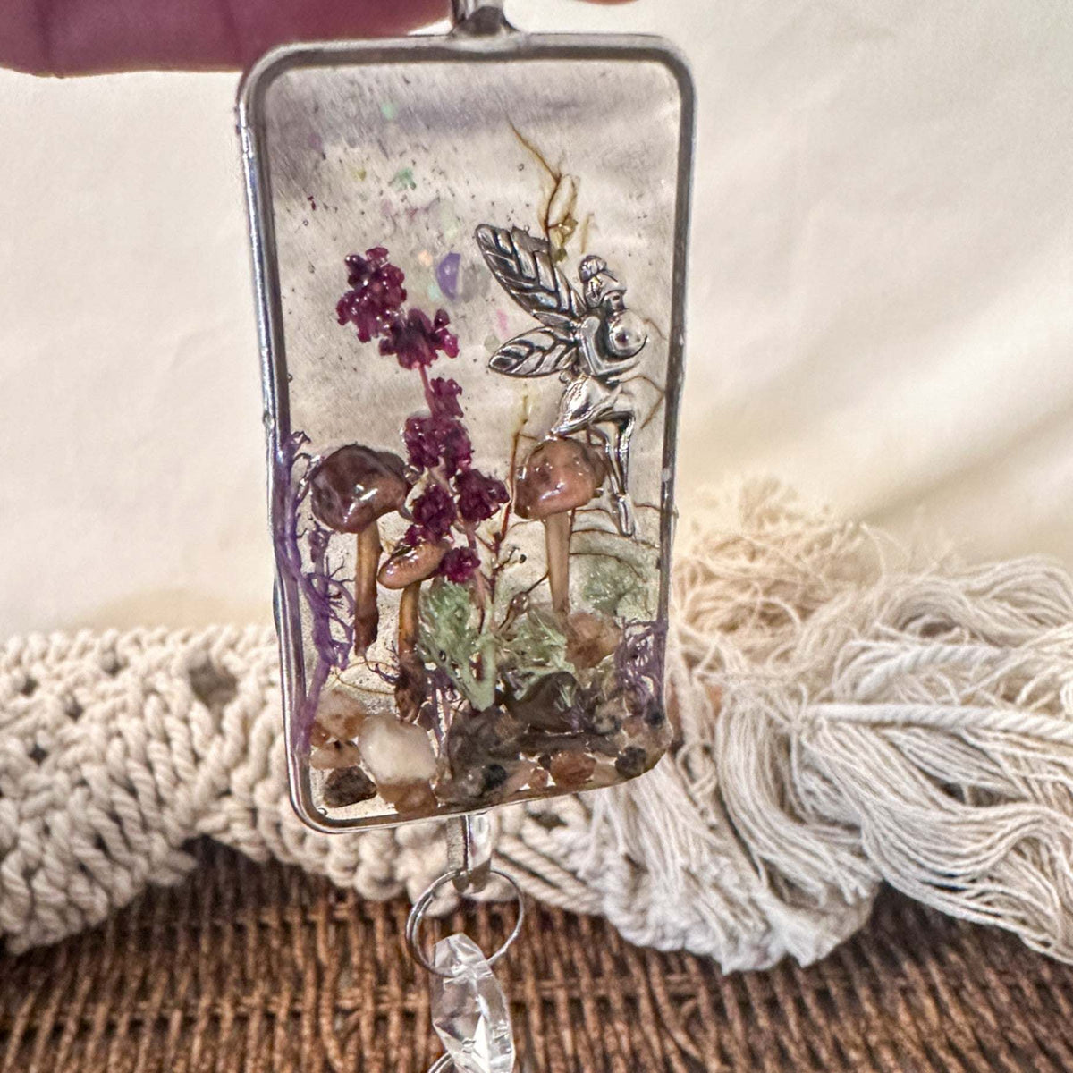 Silver Fairy Forest Suncatcher Handmade with Real Botanicals & Crystals