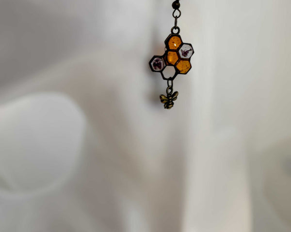 Honey Bee Charm Earrings - Handmade Resin Honeycomb & Flower Earrings