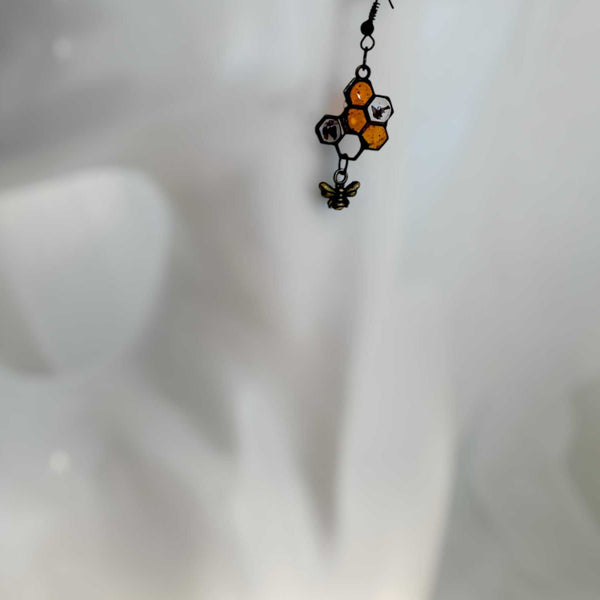 Honey Bee Charm Earrings - Handmade Resin Honeycomb & Flower Earrings