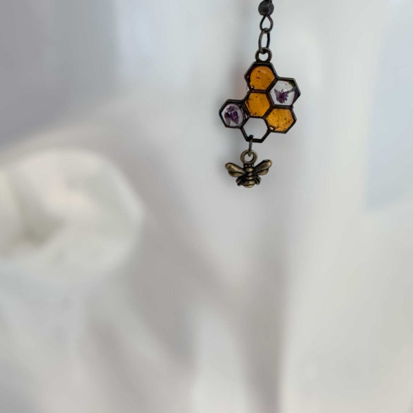 Honey Bee Charm Earrings - Handmade Resin Honeycomb & Flower Earrings