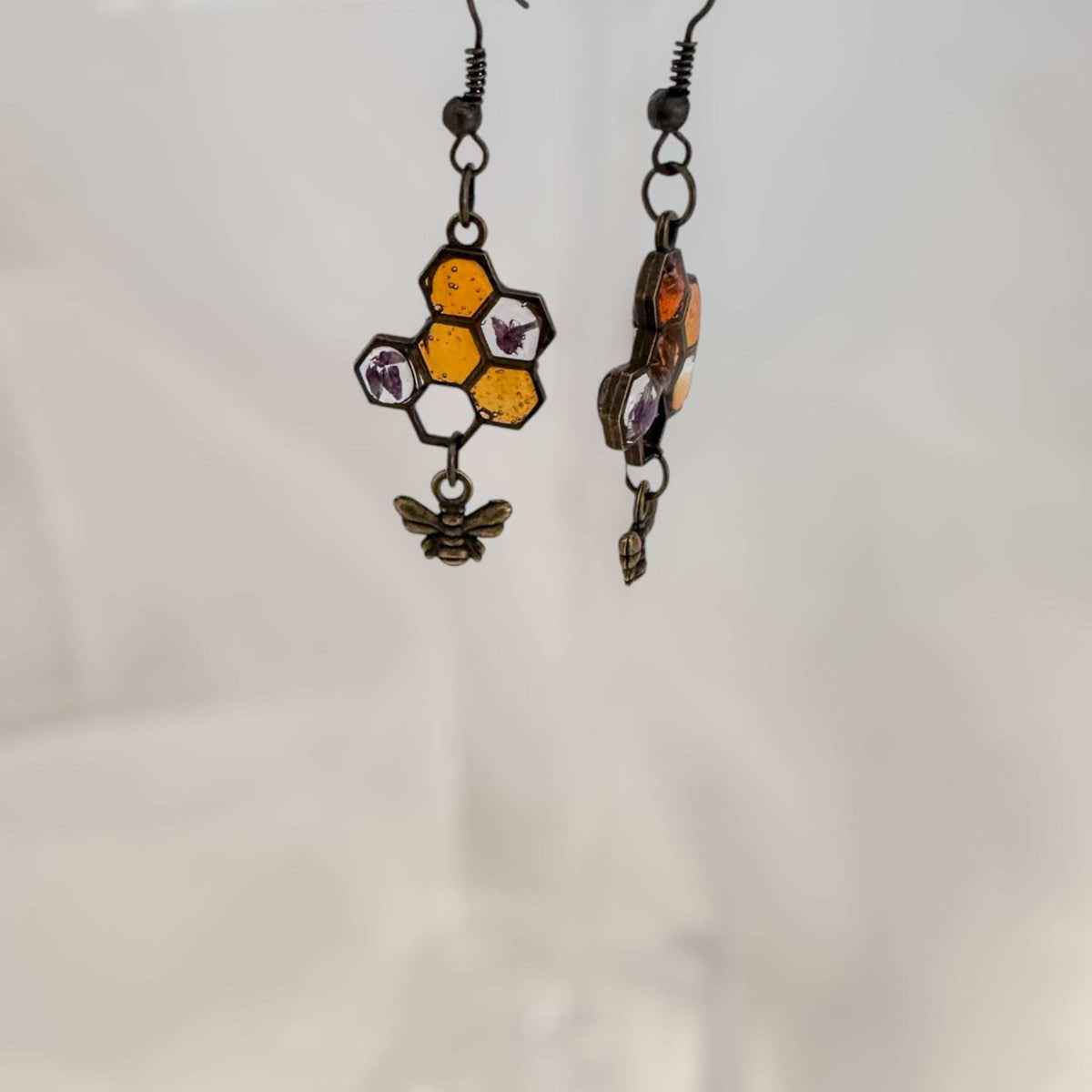 Honey Bee Charm Earrings - Handmade Resin Honeycomb & Flower Earrings