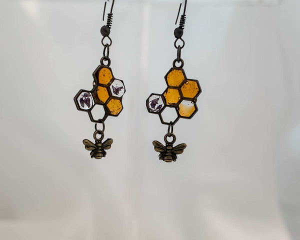 Honey Bee Charm Earrings - Handmade Resin Honeycomb & Flower Earrings
